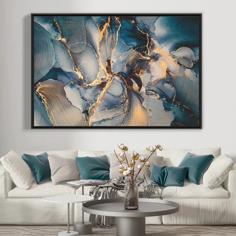 Quadro Abstrato Mix Azul e Dourado Moderno