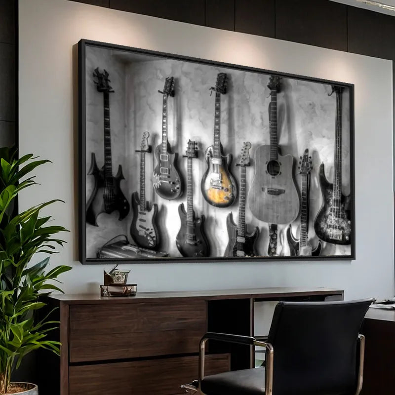 Quadro Violão Guitarras Coleção - Preto e Branco