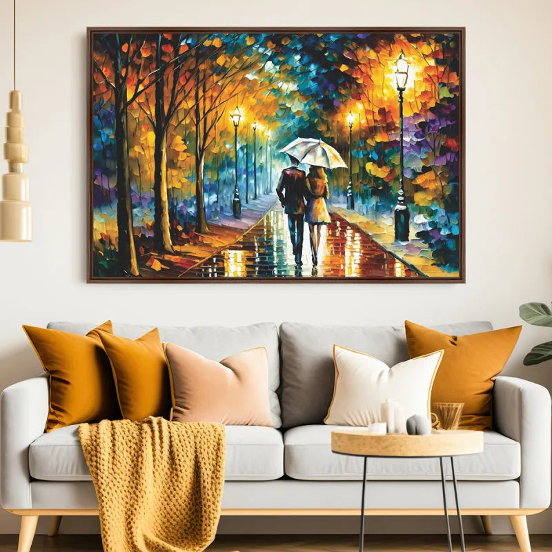 Quadro Casal Amor Sob a Chuva Abstrato Pinceladas